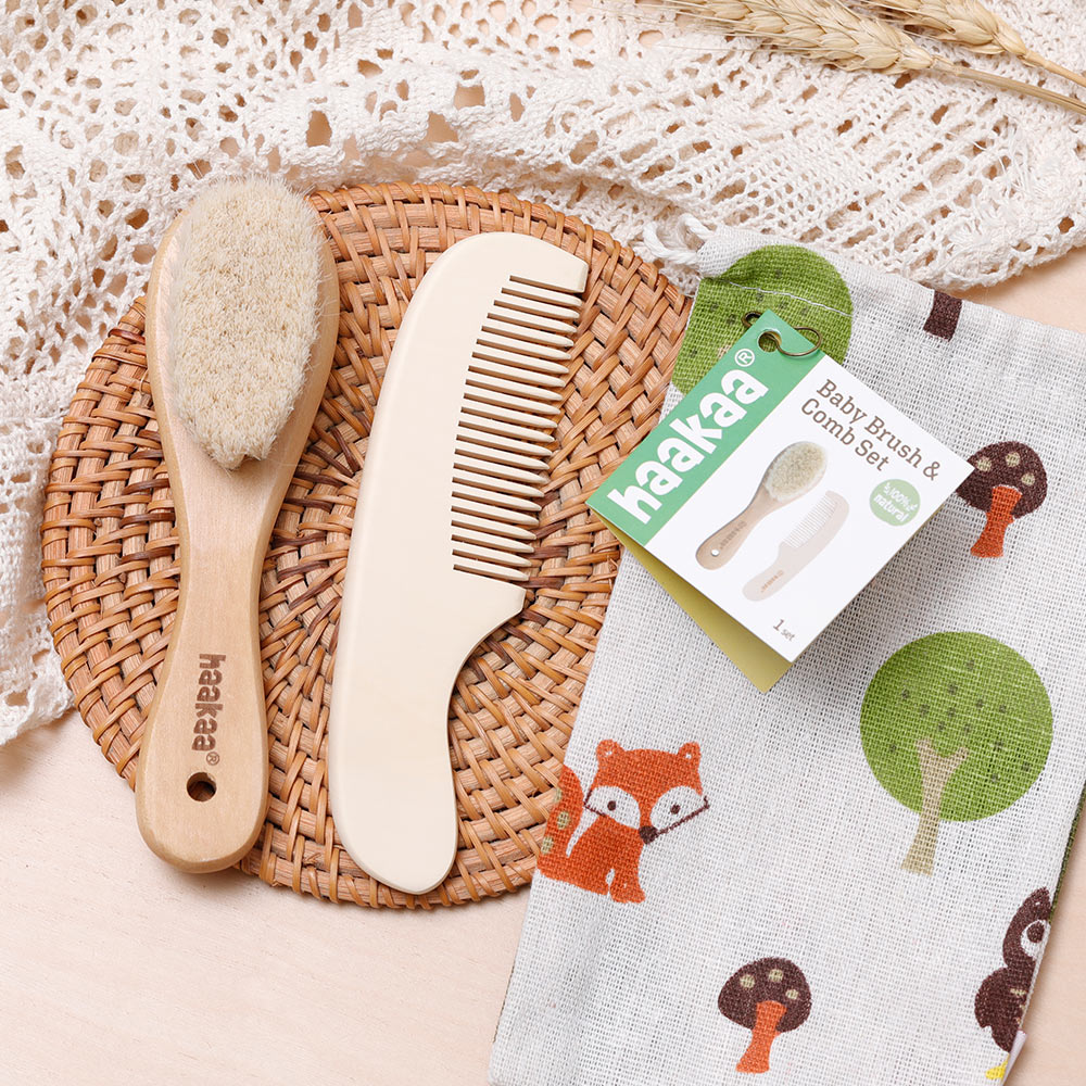 summer infant brush and comb Haakaa Goats Wool Wooden Baby Brush & Comb Set