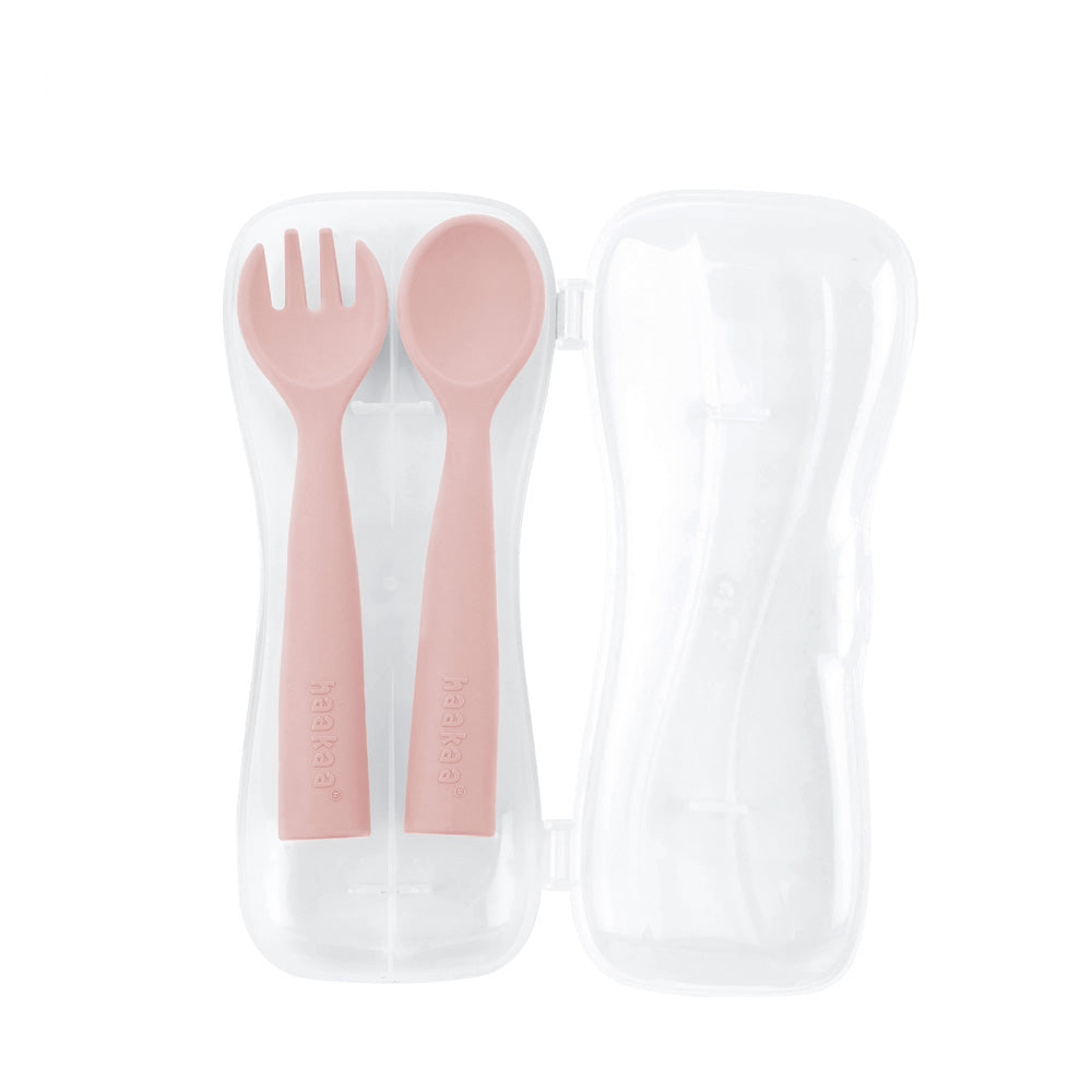 Haakaa Silicone Toddler Utensils Bendy Spoon and Fork with A Handy Storage  Case Baby Cutlery Set Made of Food Grade Silicone, SUVA Grey